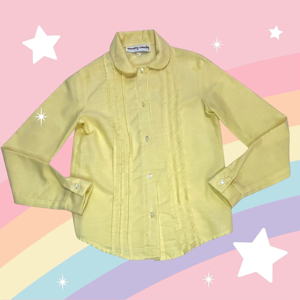 Vintage Penny Candy Girls Yellow Tuxedo Pleat Button-Up Shirt Peter Pan Collar
